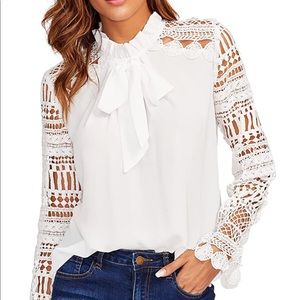 Mock Neck Bow Tie Ruffle Lace Blouse NWOT